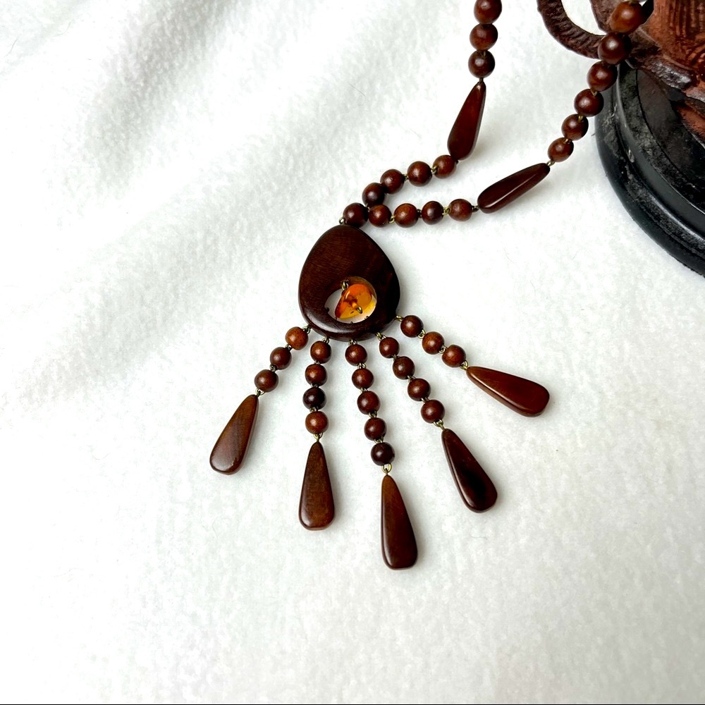 70s Vintage Wood Beaded Necklace 1970s 18" mid-length Hardwood dk brown beads